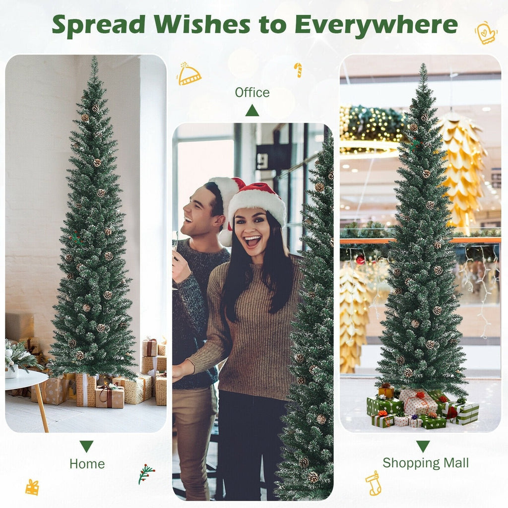 Árbol de Navidad nevado tipo lápiz de 7 pies, con 351 ramas y 41 piñas, 1,8 pies de ancho