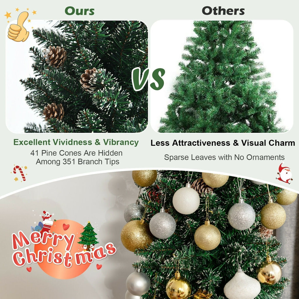 Árbol de Navidad nevado tipo lápiz de 7 pies, con 351 ramas y 41 piñas, 1,8 pies de ancho