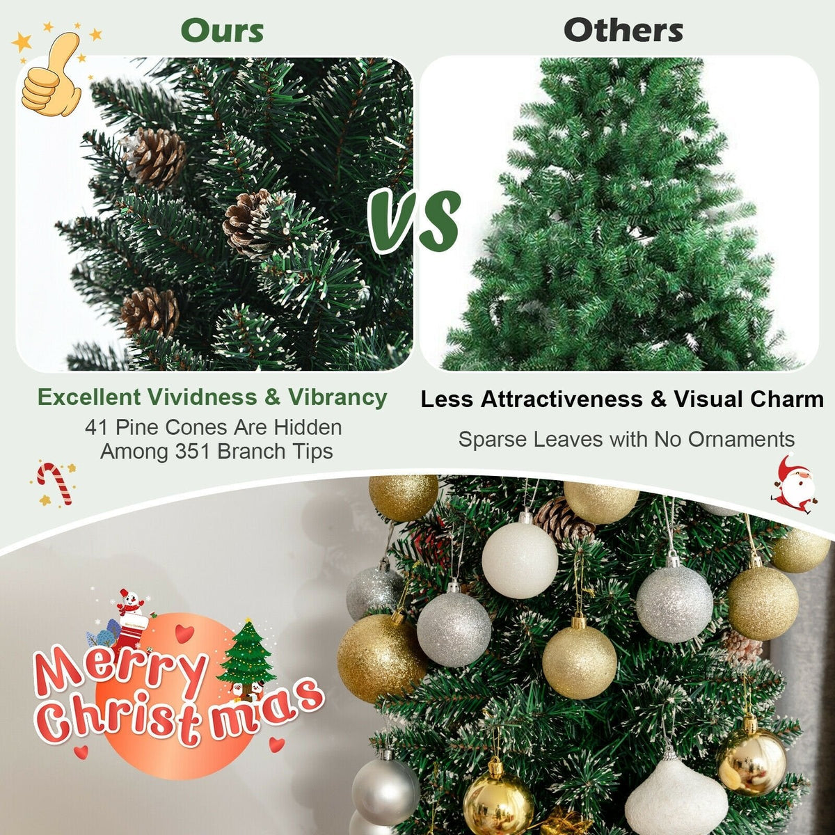 Árbol de Navidad nevado tipo lápiz de 7 pies, con 351 ramas y 41 piñas, 1,8 pies de ancho