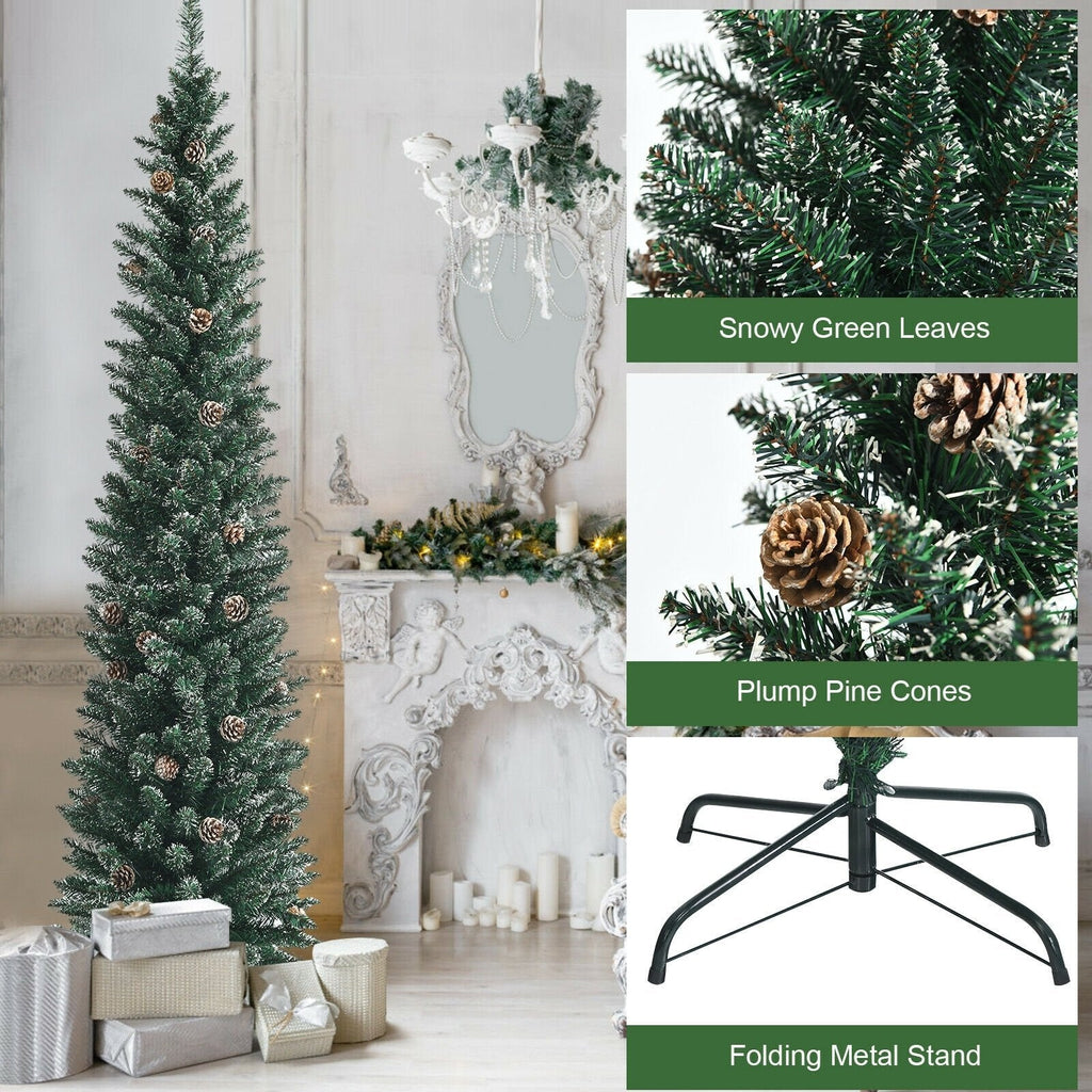 Árbol de Navidad nevado tipo lápiz de 7 pies, con 351 ramas y 41 piñas, 1,8 pies de ancho
