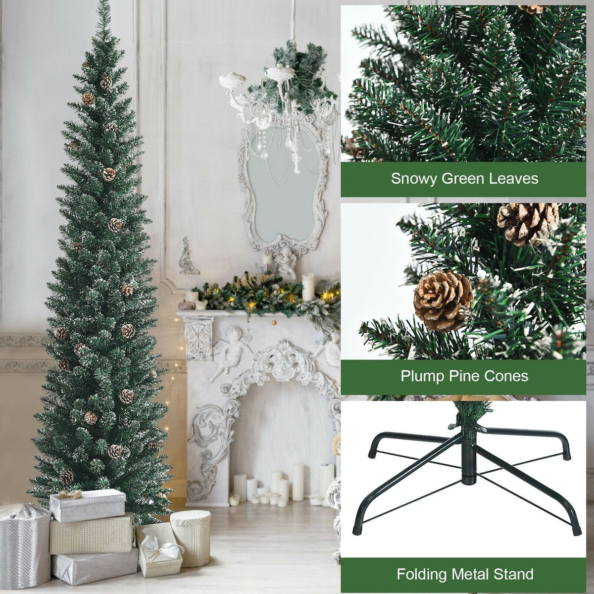 Árbol de Navidad nevado tipo lápiz de 7 pies, con 351 ramas y 41 piñas, 1,8 pies de ancho