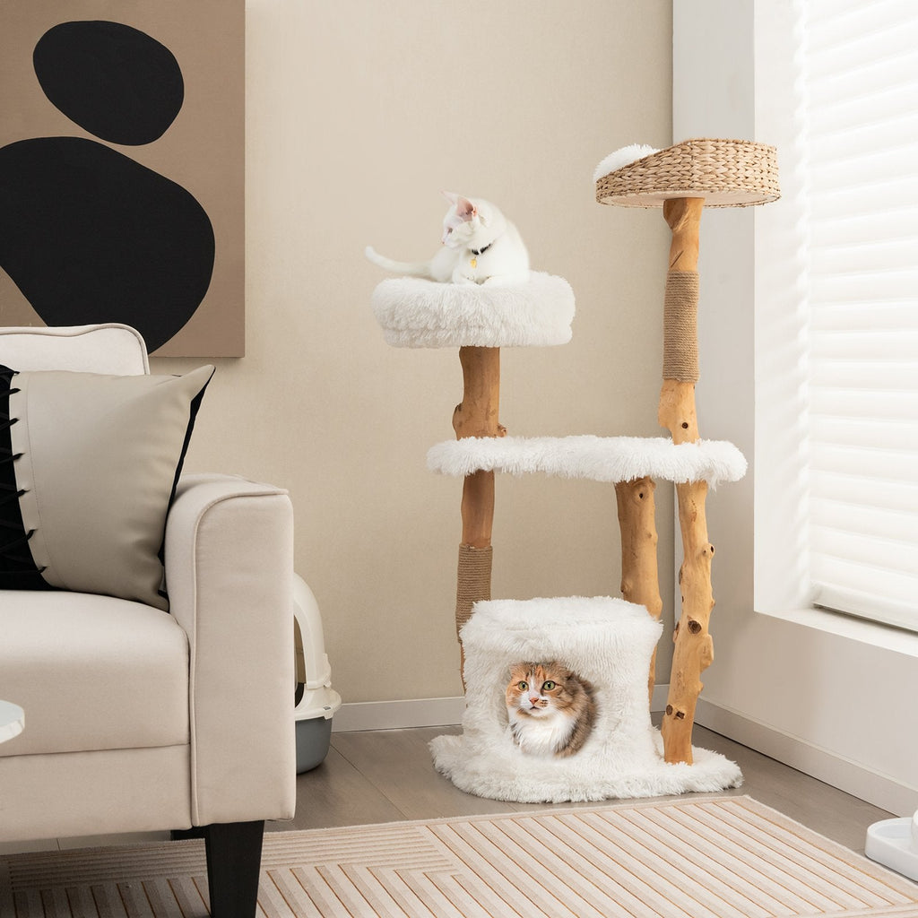 49 Inch Pear Wood Cat Tower with a Hand Woven Cattail Top Basket