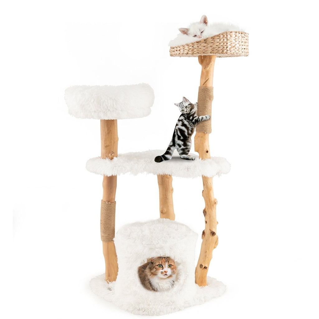49 Inch Pear Wood Cat Tower with a Hand Woven Cattail Top Basket