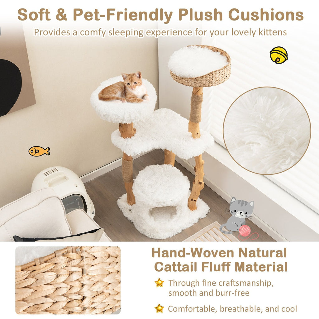 49 Inch Pear Wood Cat Tower with a Hand Woven Cattail Top Basket
