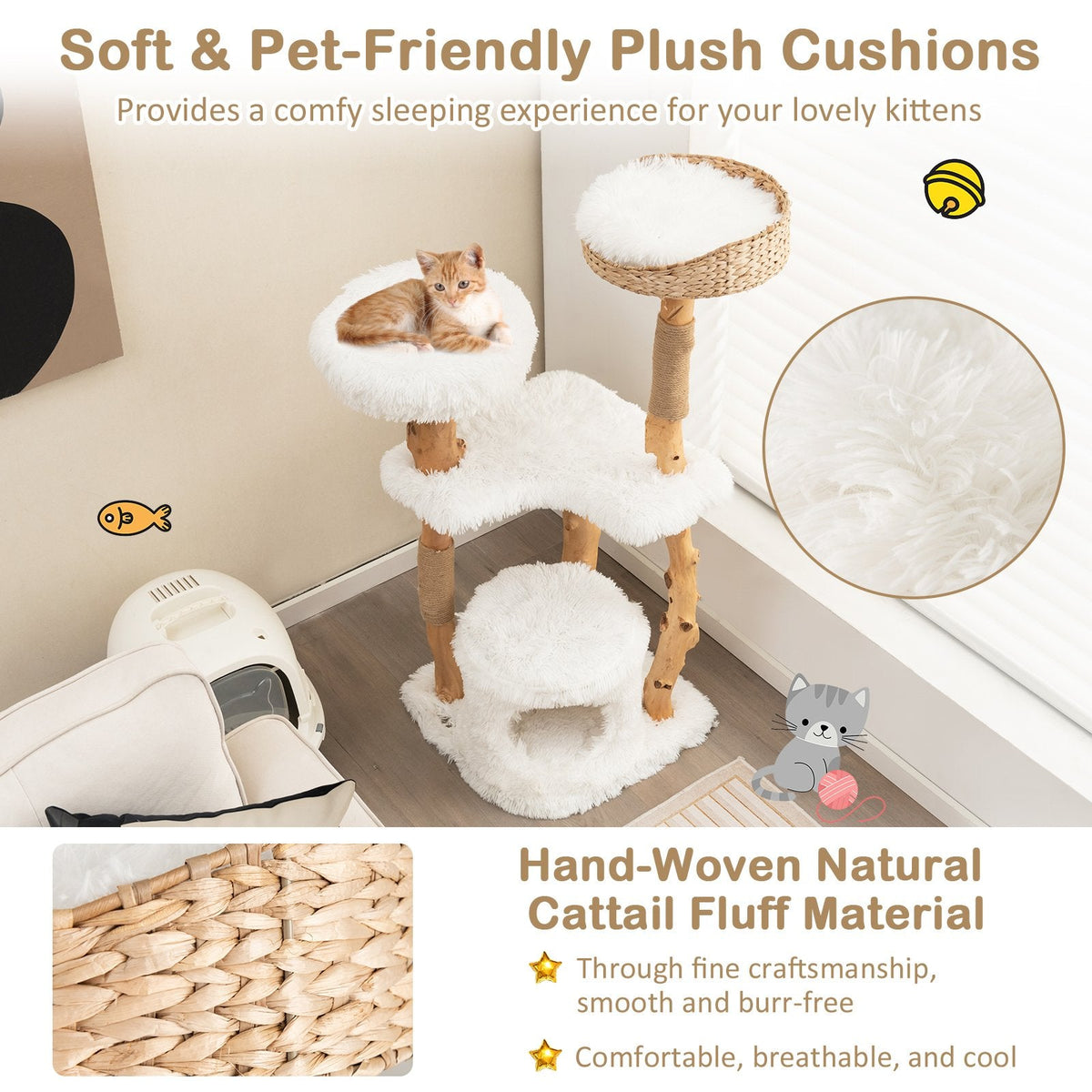 49 Inch Pear Wood Cat Tower with a Hand Woven Cattail Top Basket