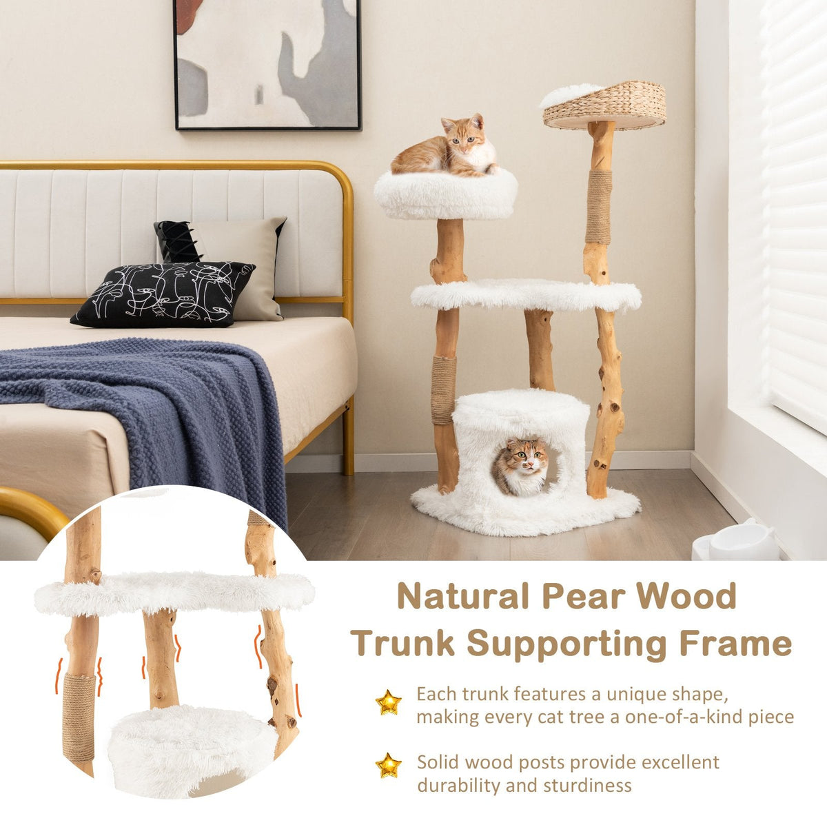 49 Inch Pear Wood Cat Tower with a Hand Woven Cattail Top Basket