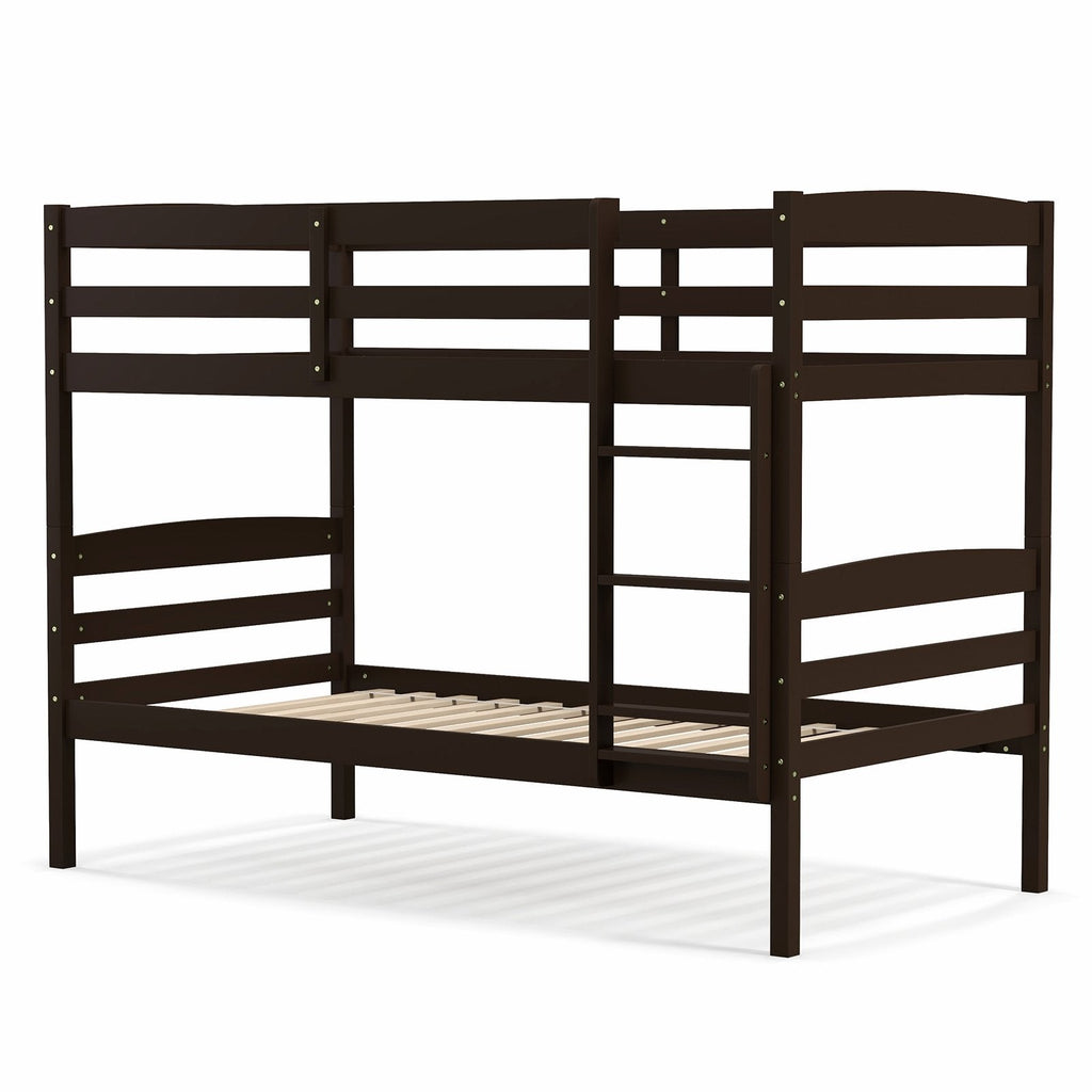 Estructura de cama litera individual sobre individual de madera maciza con barandillas altas y escalera integrada-Exprés