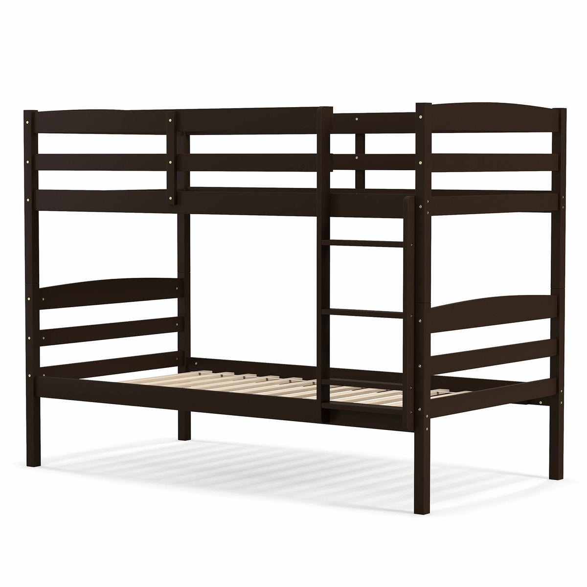 Estructura de cama litera individual sobre individual de madera maciza con barandillas altas y escalera integrada-Exprés