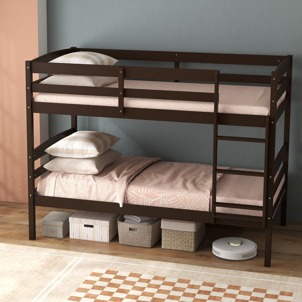 Estructura de cama litera individual sobre individual de madera maciza con barandillas altas y escalera integrada-Exprés
