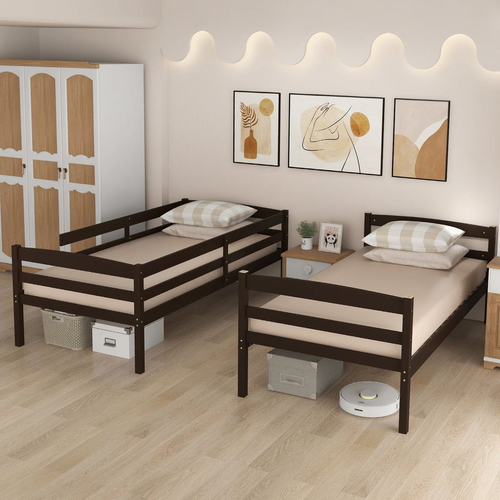 Estructura de cama litera individual sobre individual de madera maciza con barandillas altas y escalera integrada-Exprés