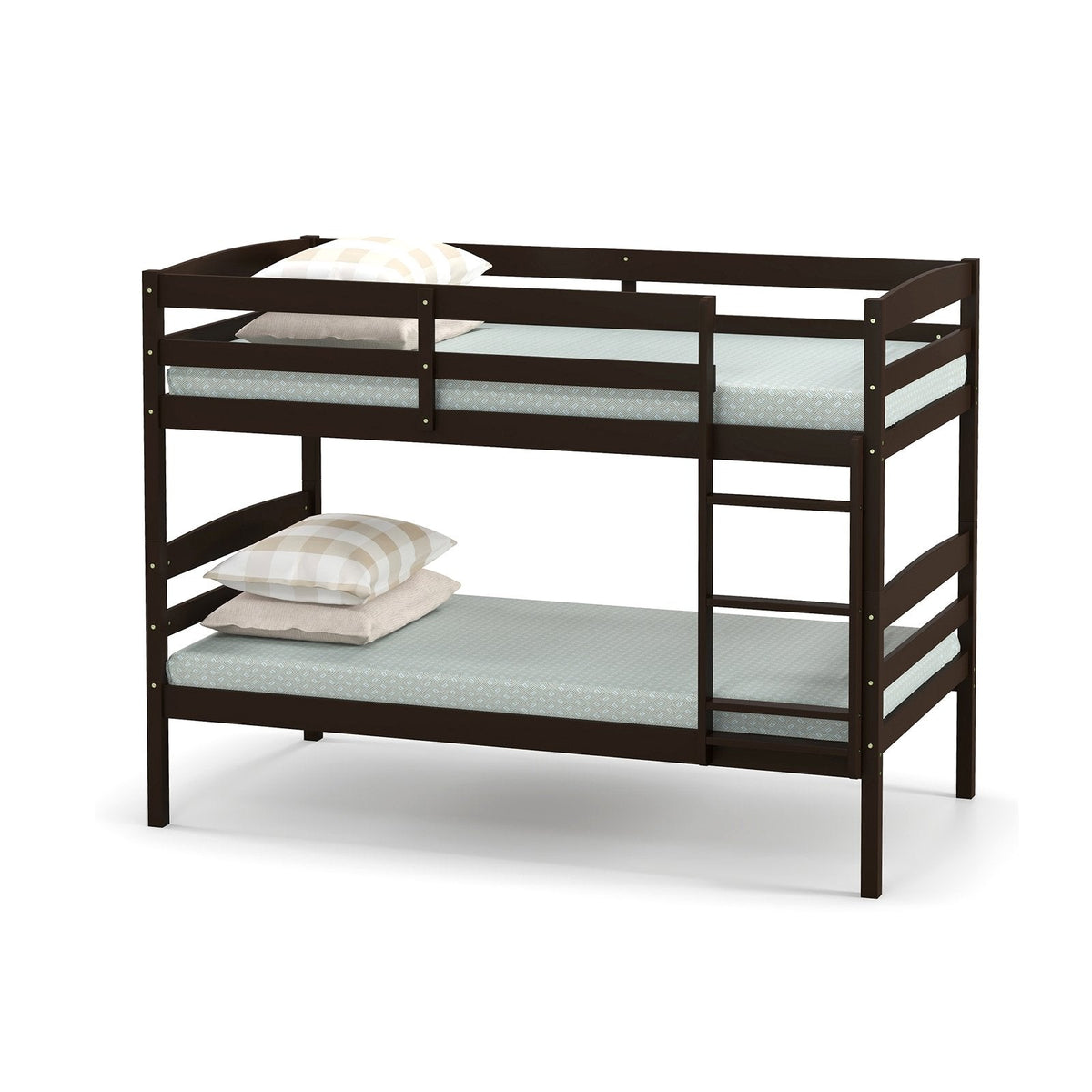 Estructura de cama litera individual sobre individual de madera maciza con barandillas altas y escalera integrada-Exprés
