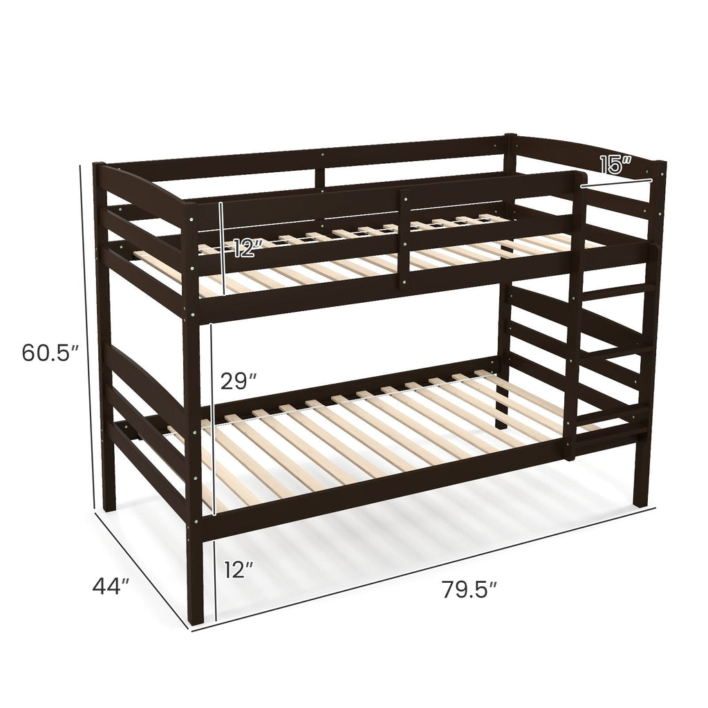 Estructura de cama litera individual sobre individual de madera maciza con barandillas altas y escalera integrada-Exprés