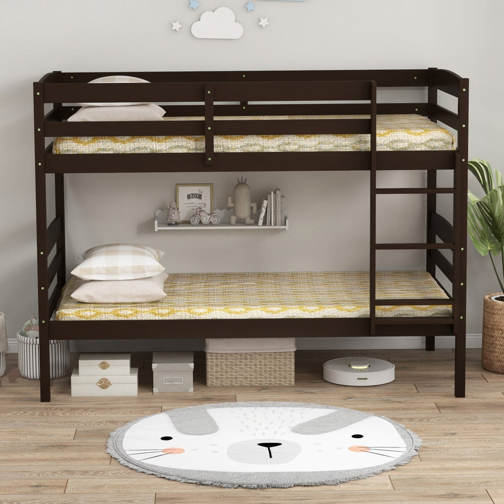 Estructura de cama litera individual sobre individual de madera maciza con barandillas altas y escalera integrada-Exprés