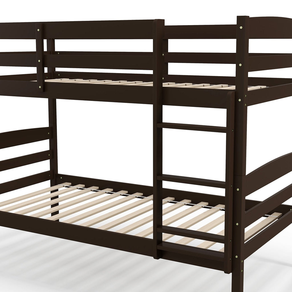 Estructura de cama litera individual sobre individual de madera maciza con barandillas altas y escalera integrada-Exprés
