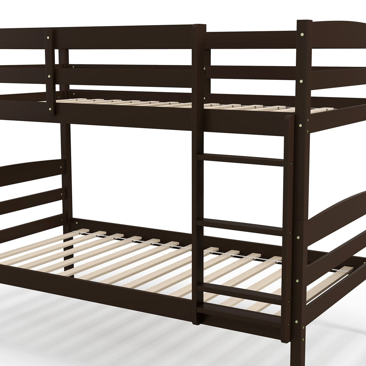 Estructura de cama litera individual sobre individual de madera maciza con barandillas altas y escalera integrada-Exprés