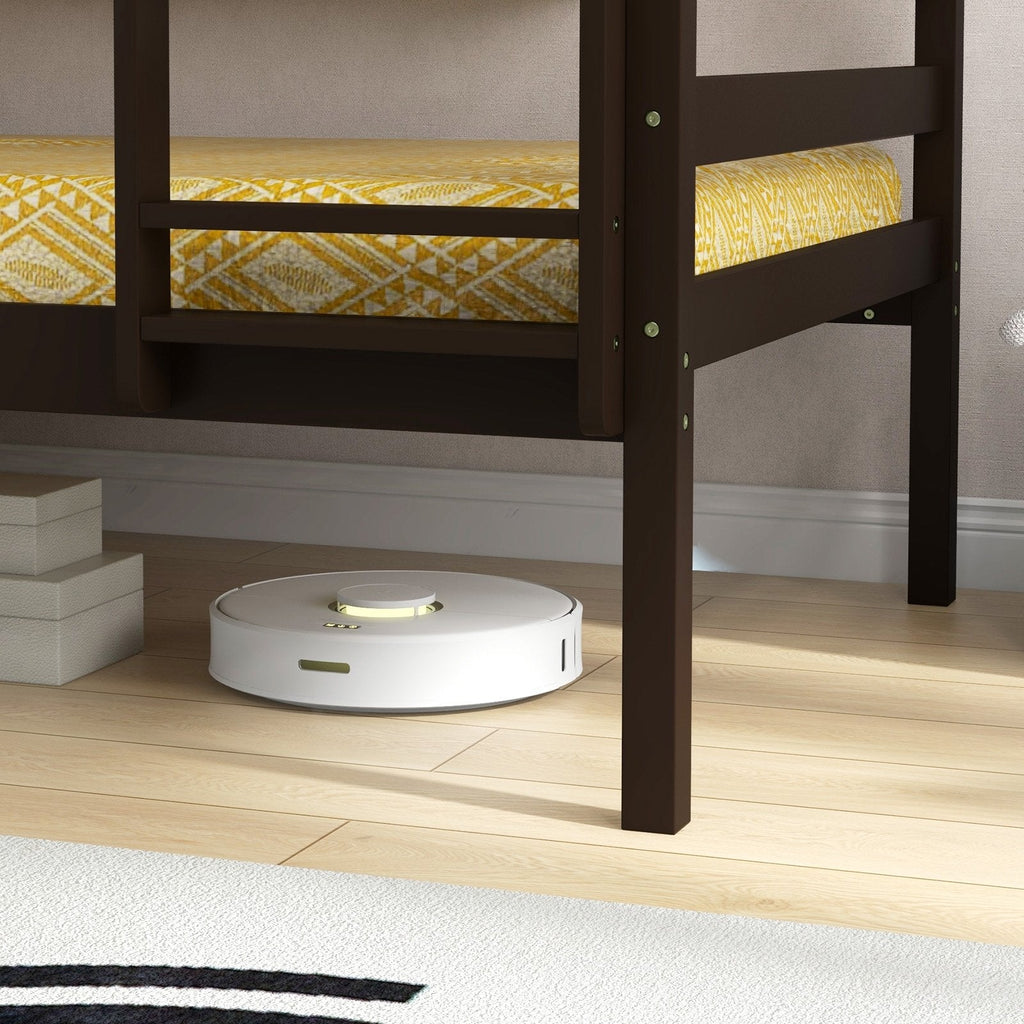 Estructura de cama litera individual sobre individual de madera maciza con barandillas altas y escalera integrada-Exprés