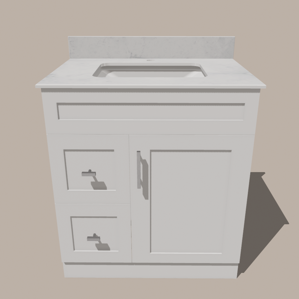 Tocador de baño shaker de 30 pulgadas con cajones — Izquierda o derecha | Blanco o gris | Gabinete de madera contrachapada, puerta de madera maciza, bisagras de clip de 3 vías de cierre suave