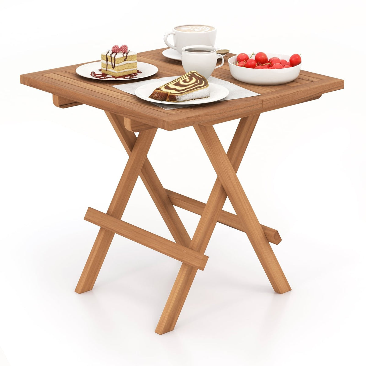 Table de patio pliante carrée en teck d'Indonésie avec plateau à lattes, portable pour pique-nique