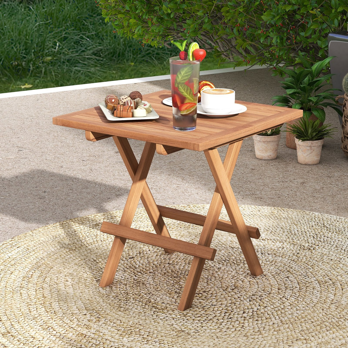 Table de patio pliante carrée en teck d'Indonésie avec plateau à lattes, portable pour pique-nique