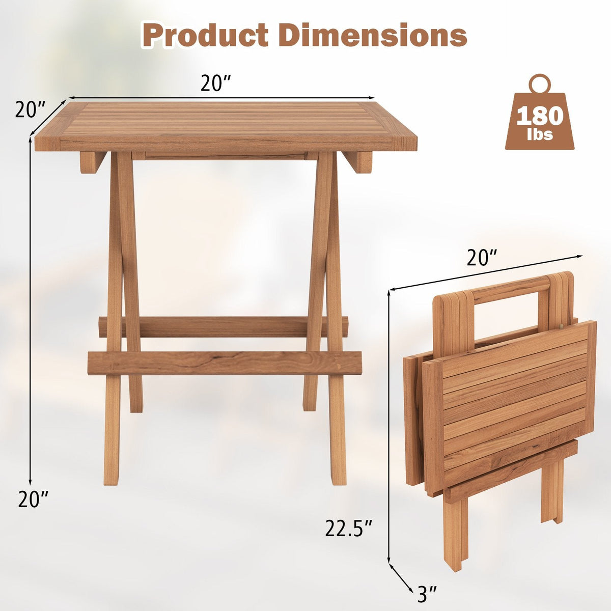 Table de patio pliante carrée en teck d'Indonésie avec plateau à lattes, portable pour pique-nique
