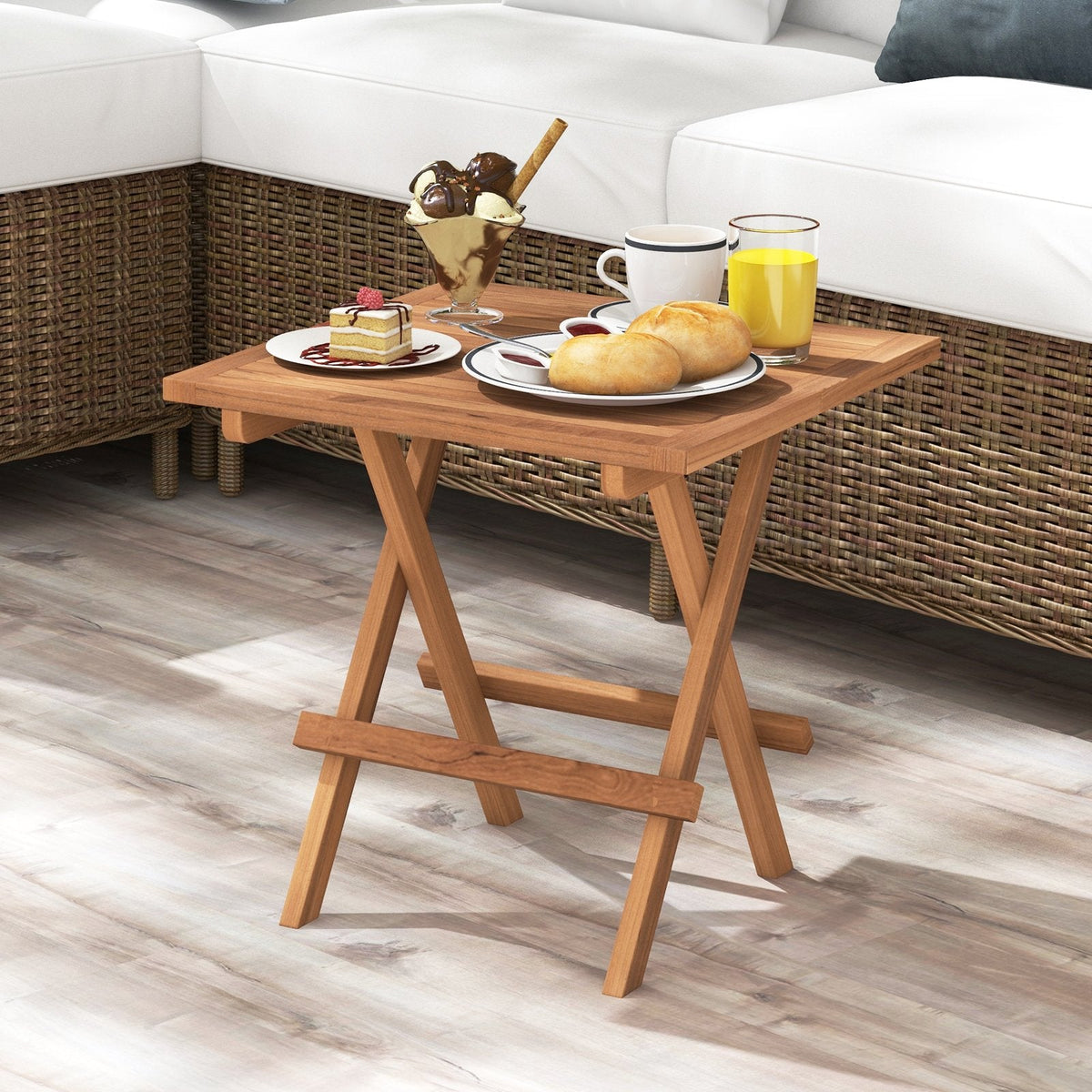 Table de patio pliante carrée en teck d'Indonésie avec plateau à lattes, portable pour pique-nique