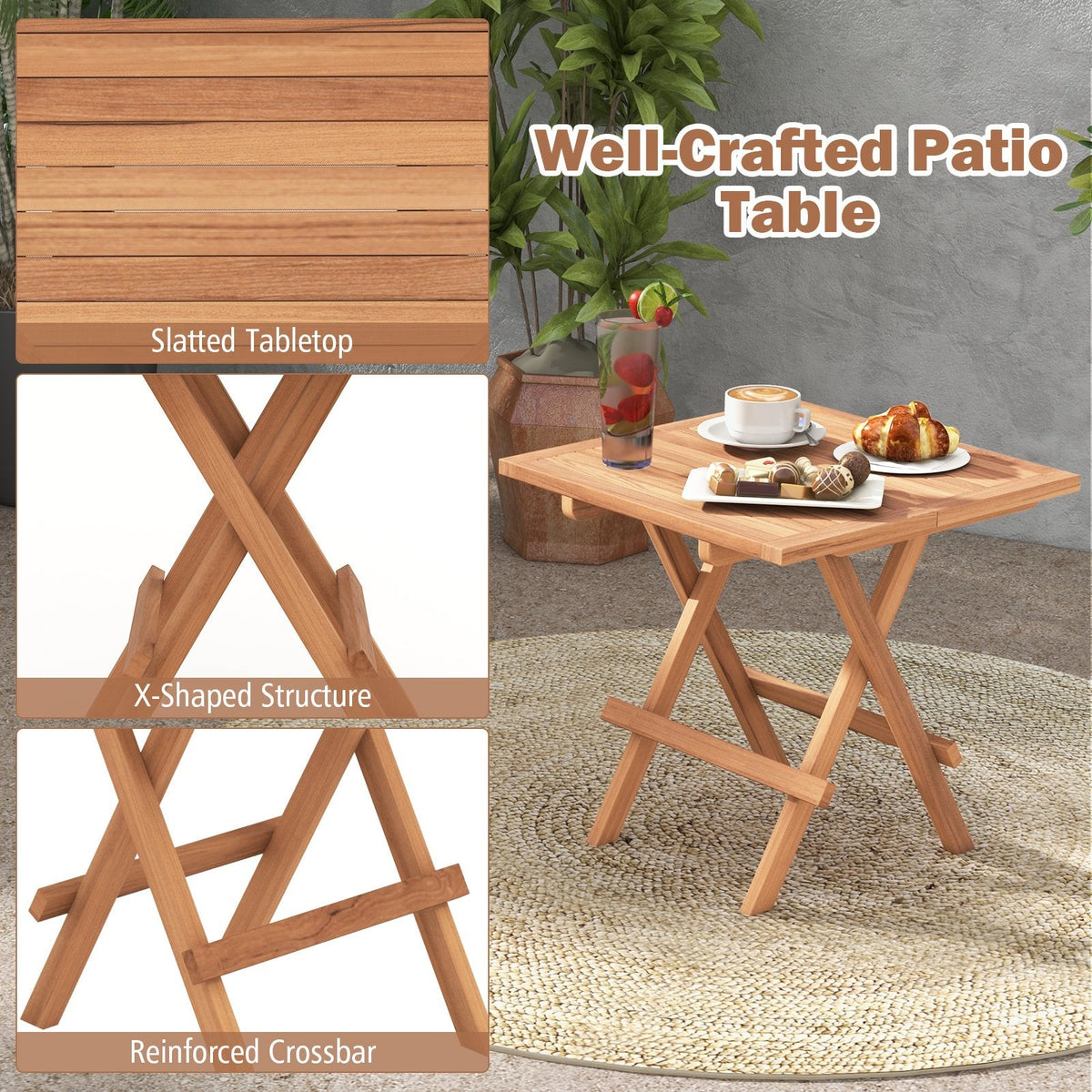 Table de patio pliante carrée en teck d'Indonésie avec plateau à lattes, portable pour pique-nique