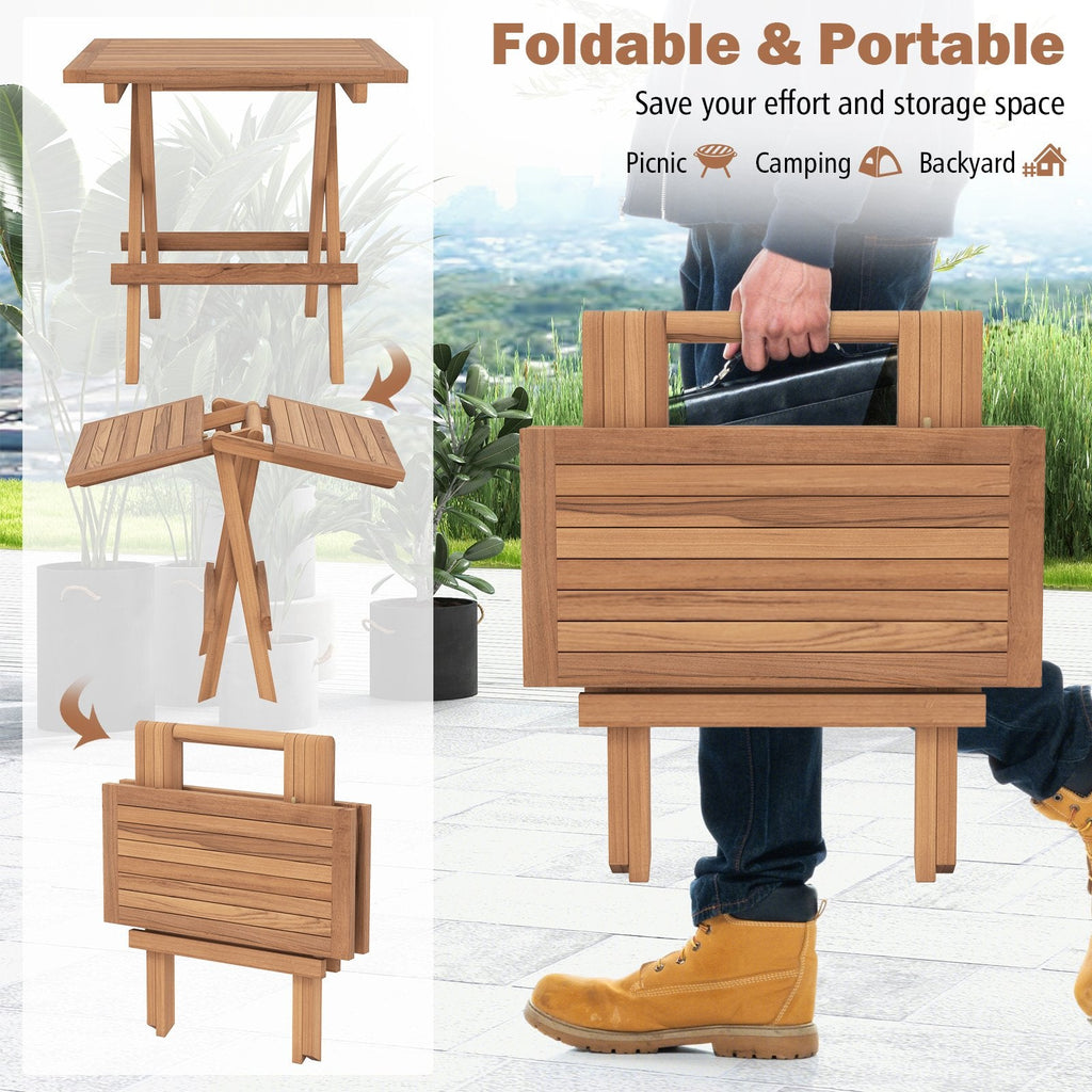Table de patio pliante carrée en teck d'Indonésie avec plateau à lattes, portable pour pique-nique