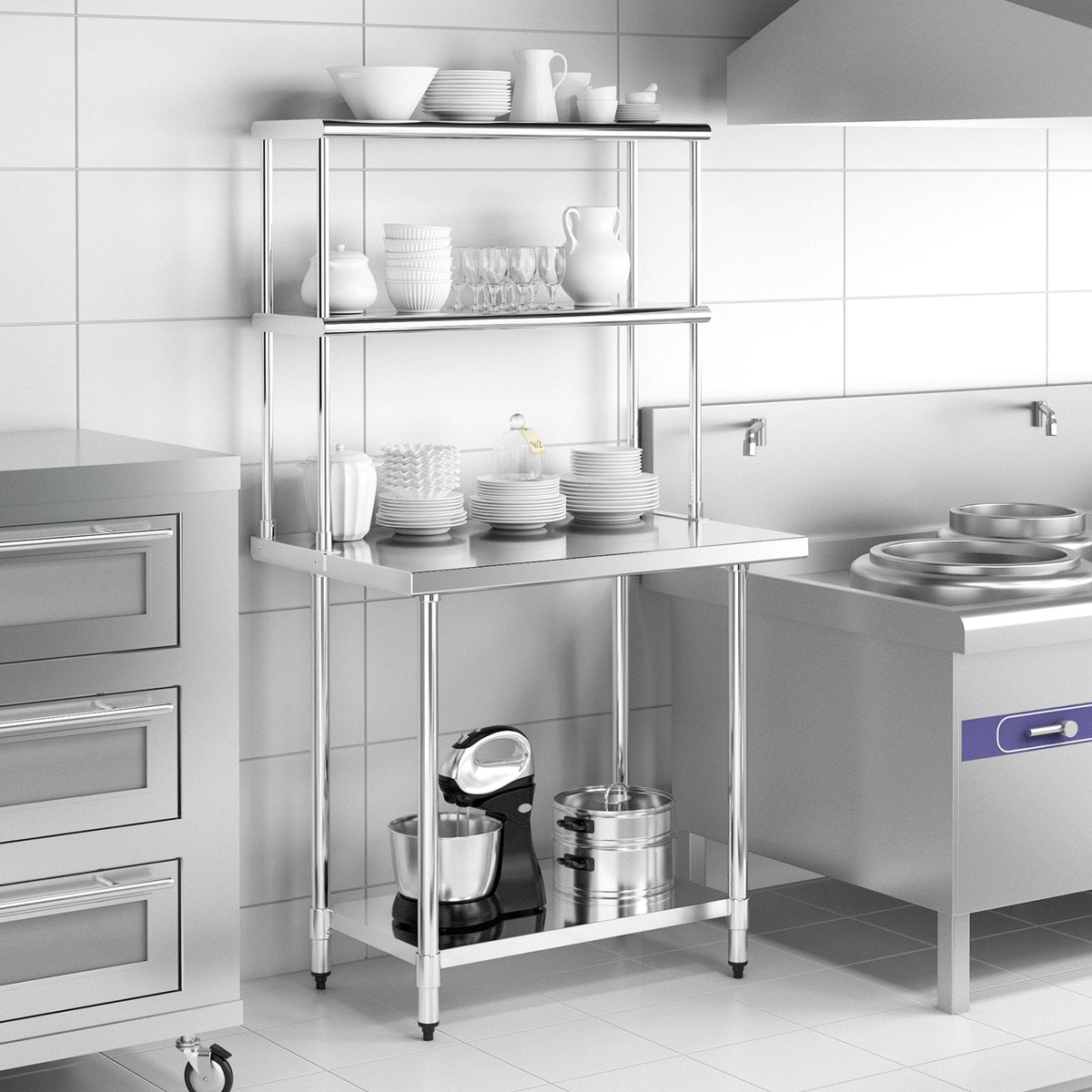 Edelstahl-Aufsatzbord mit verstellbarer Zwischenablage für Gastronomieküchen