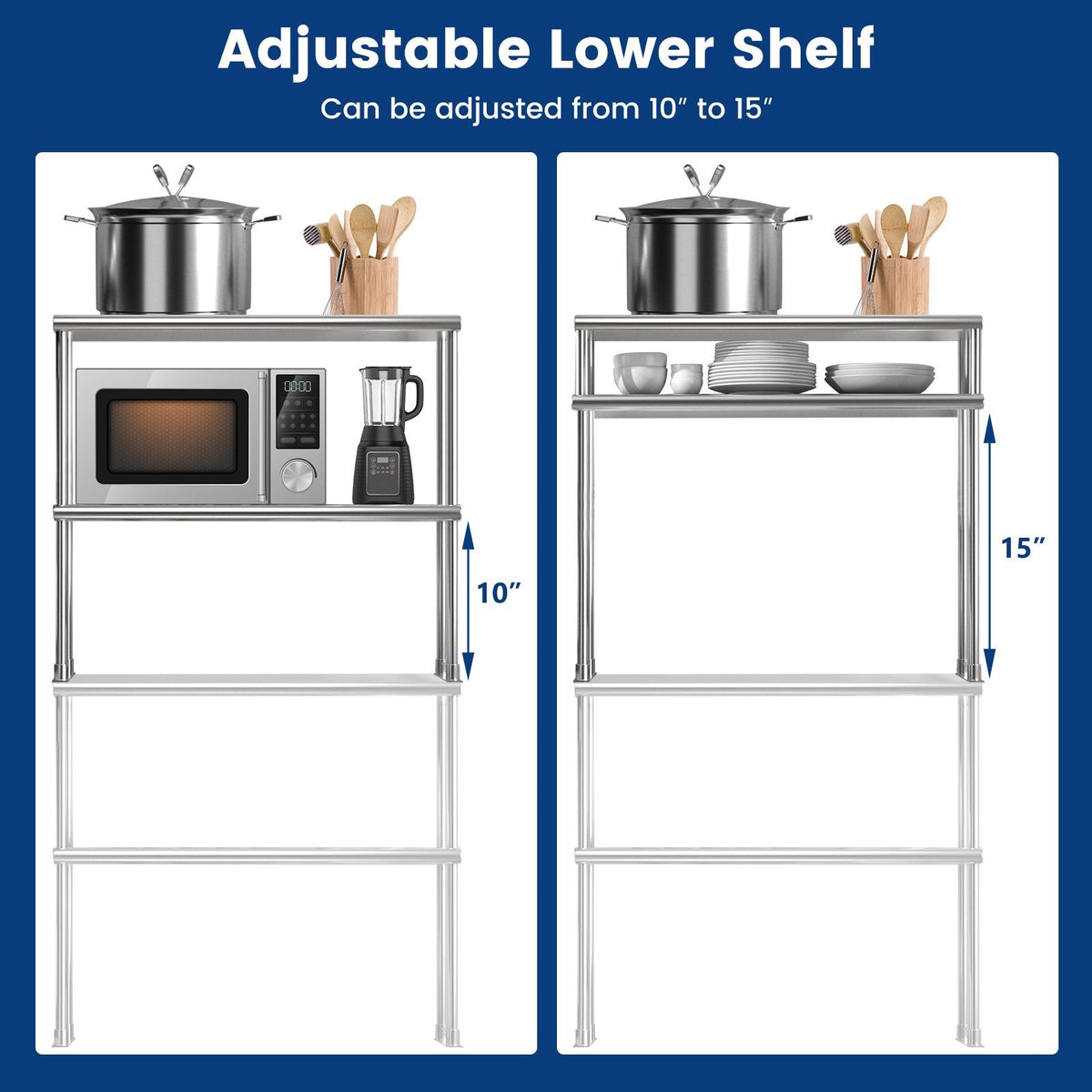 Edelstahl-Aufsatzbord mit verstellbarer Zwischenablage für Gastronomieküchen