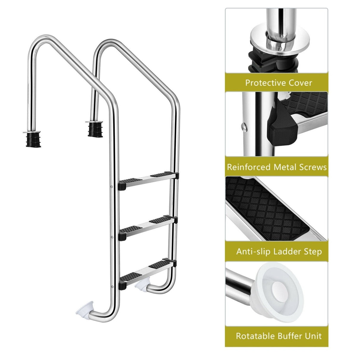 Escalera de Acero Inoxidable para Piscina de 3 Peldaños Antideslizantes