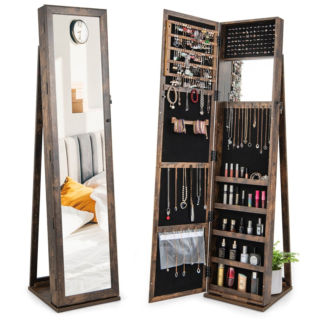 Organisateur de rangement de bijoux verrouillable sur pied avec miroir pleine longueur - Marron