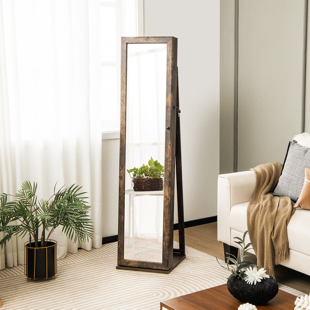 Organisateur de rangement de bijoux verrouillable sur pied avec miroir pleine longueur - Marron