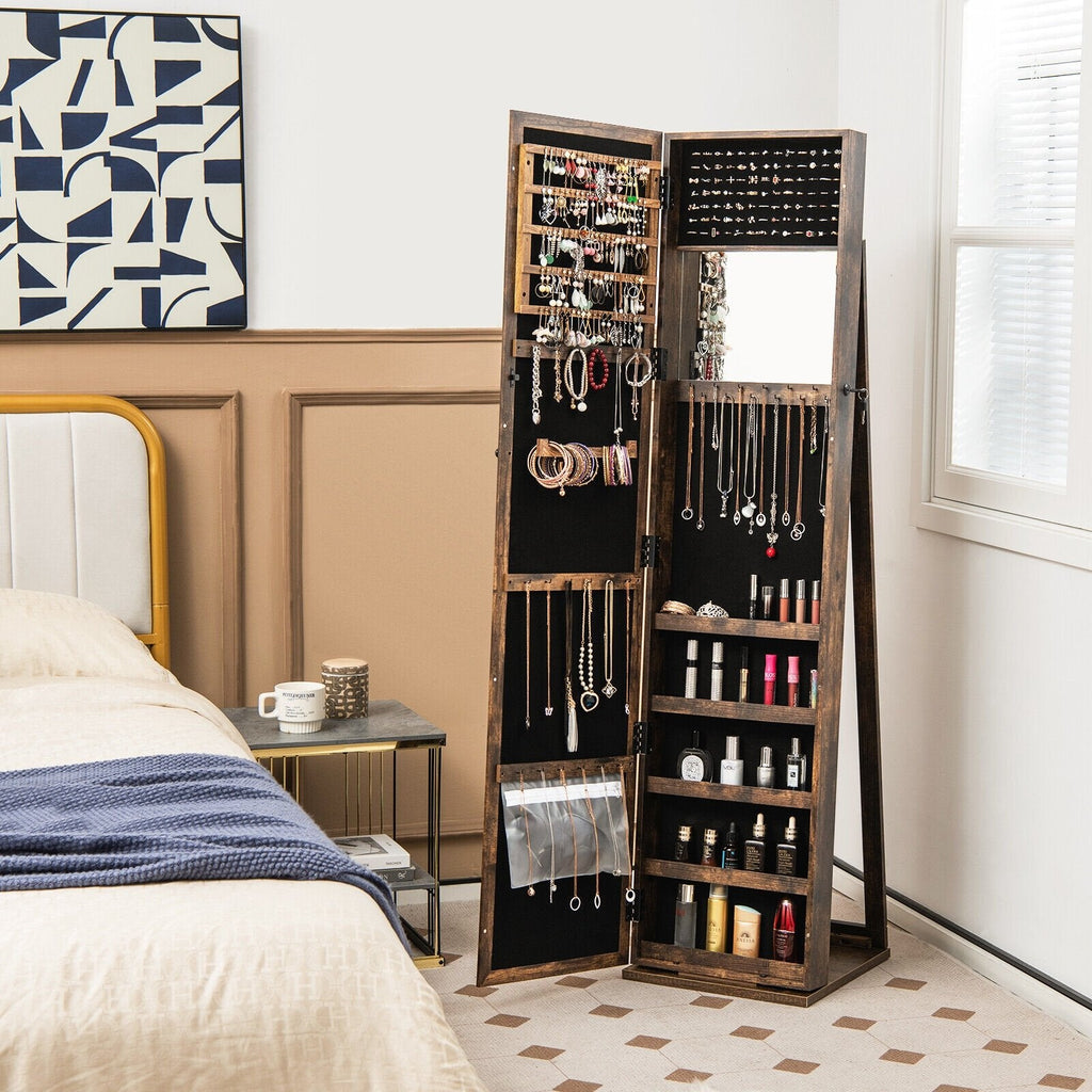 Organisateur de rangement de bijoux verrouillable sur pied avec miroir pleine longueur - Marron