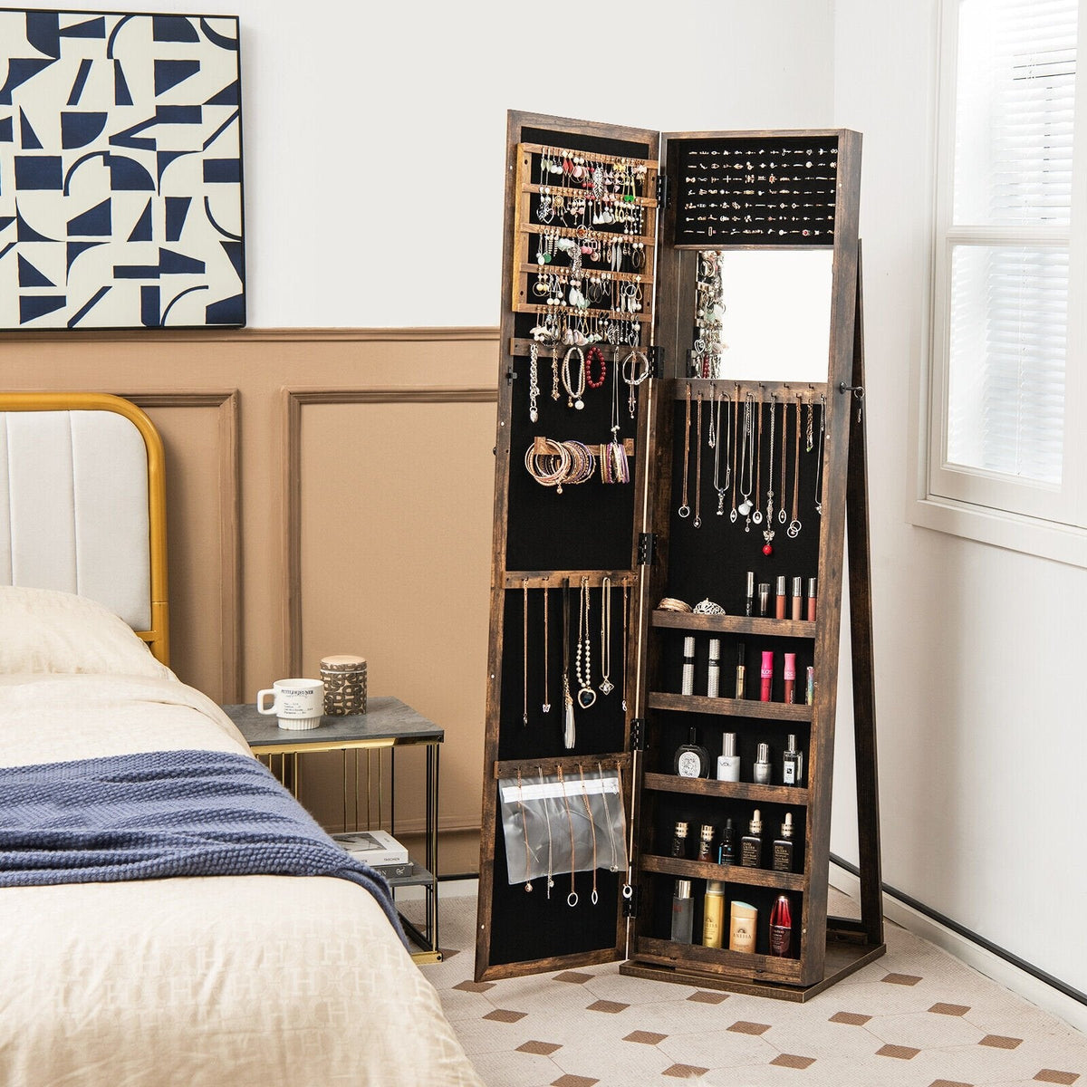 Organisateur de rangement de bijoux verrouillable sur pied avec miroir pleine longueur - Marron