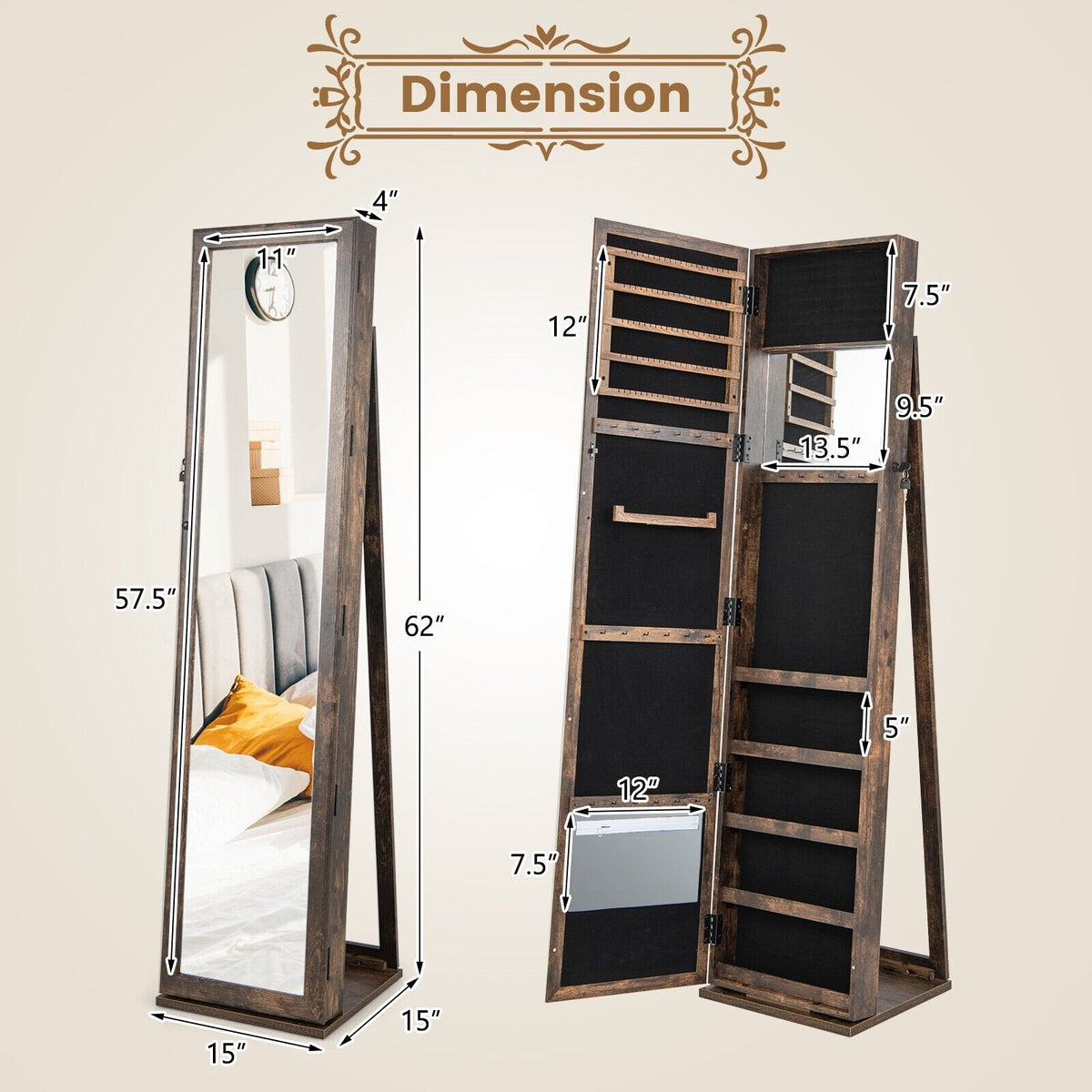 Organisateur de rangement de bijoux verrouillable sur pied avec miroir pleine longueur - Marron