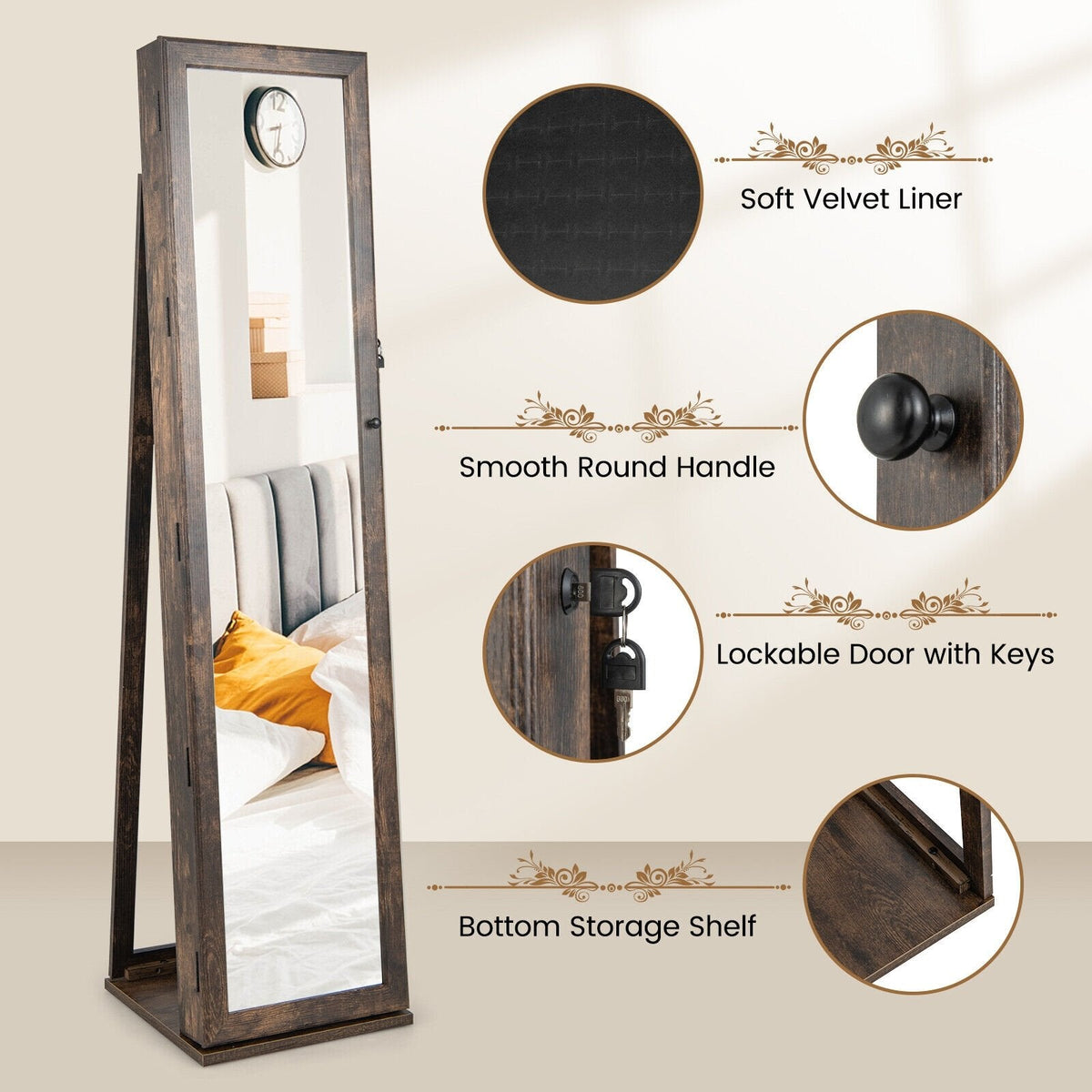 Organisateur de rangement de bijoux verrouillable sur pied avec miroir pleine longueur - Marron