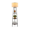 Lampadaire étagère avec rangements et abat-jour en lin