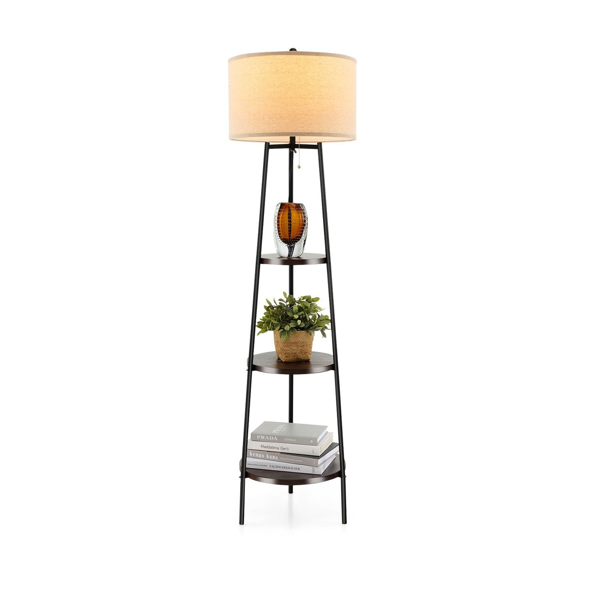 Lampadaire étagère avec rangements et abat-jour en lin