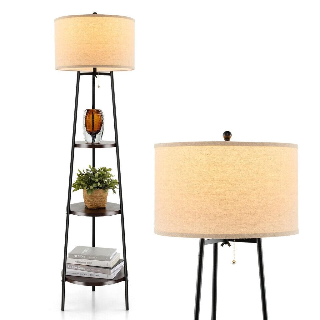 Lampadaire étagère avec rangements et abat-jour en lin