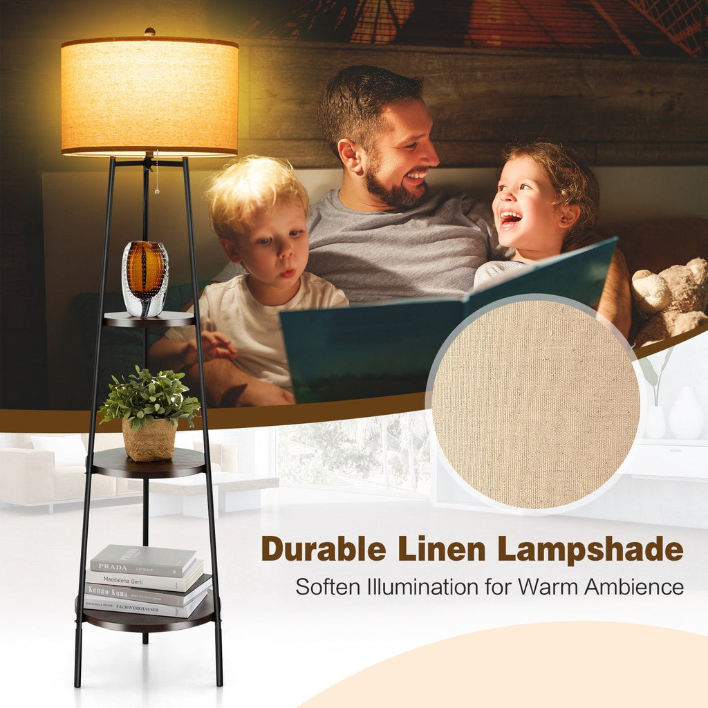 Lampadaire étagère avec rangements et abat-jour en lin