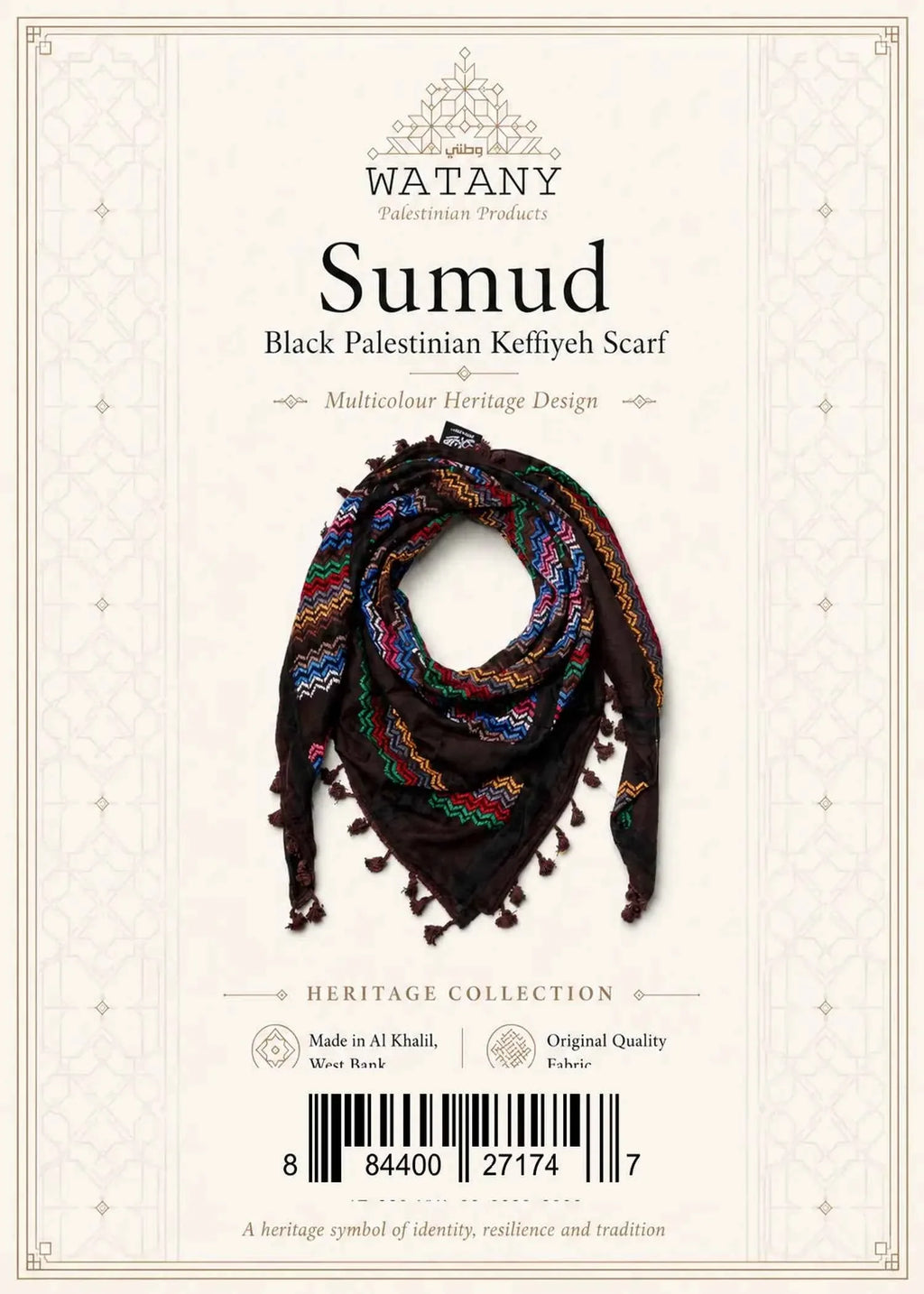 Black Palestinian Keffiyeh Scarf with colorful embroidery - Keffiyeh - Sumud