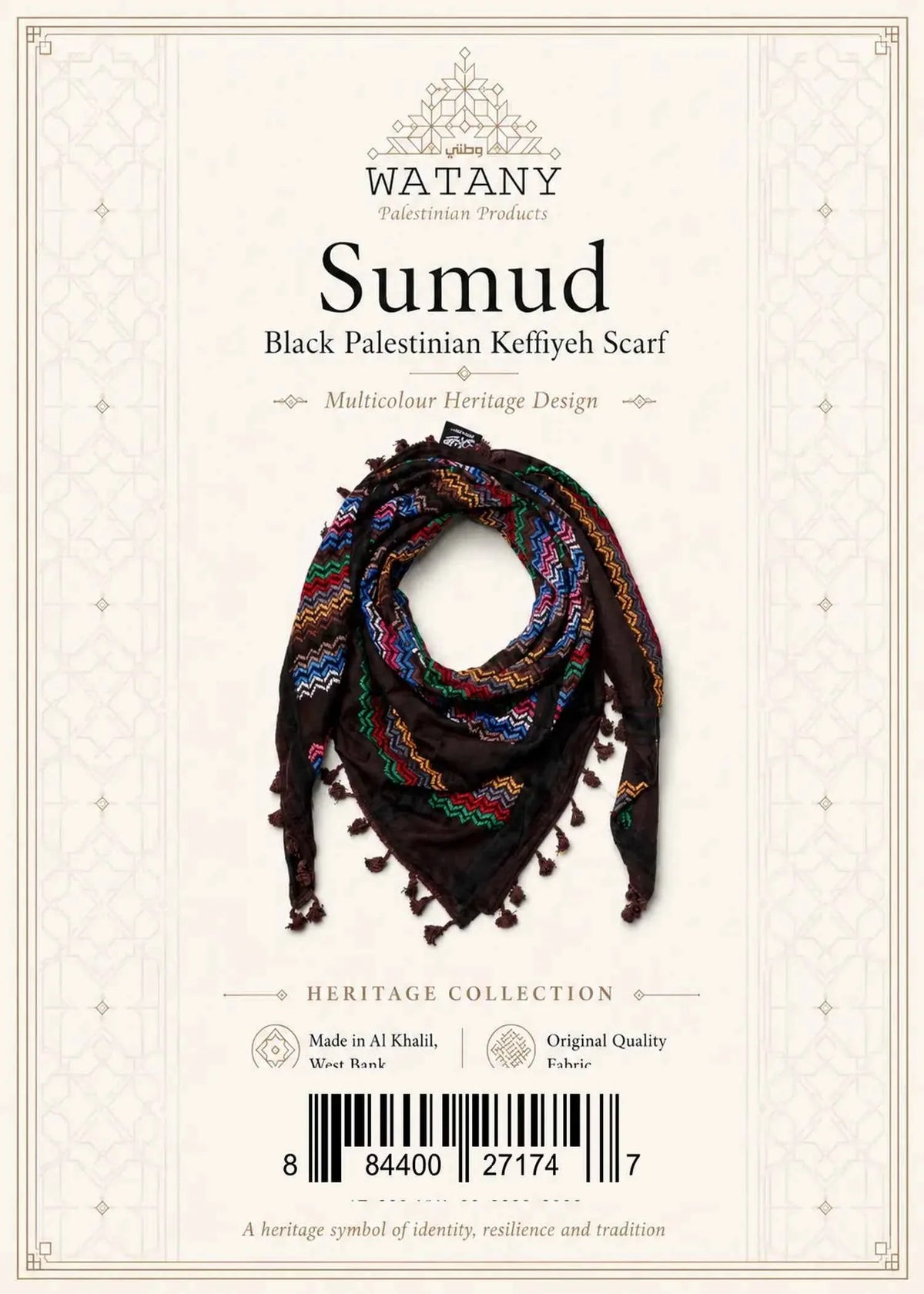 Black Palestinian Keffiyeh Scarf with colorful embroidery - Keffiyeh - Sumud