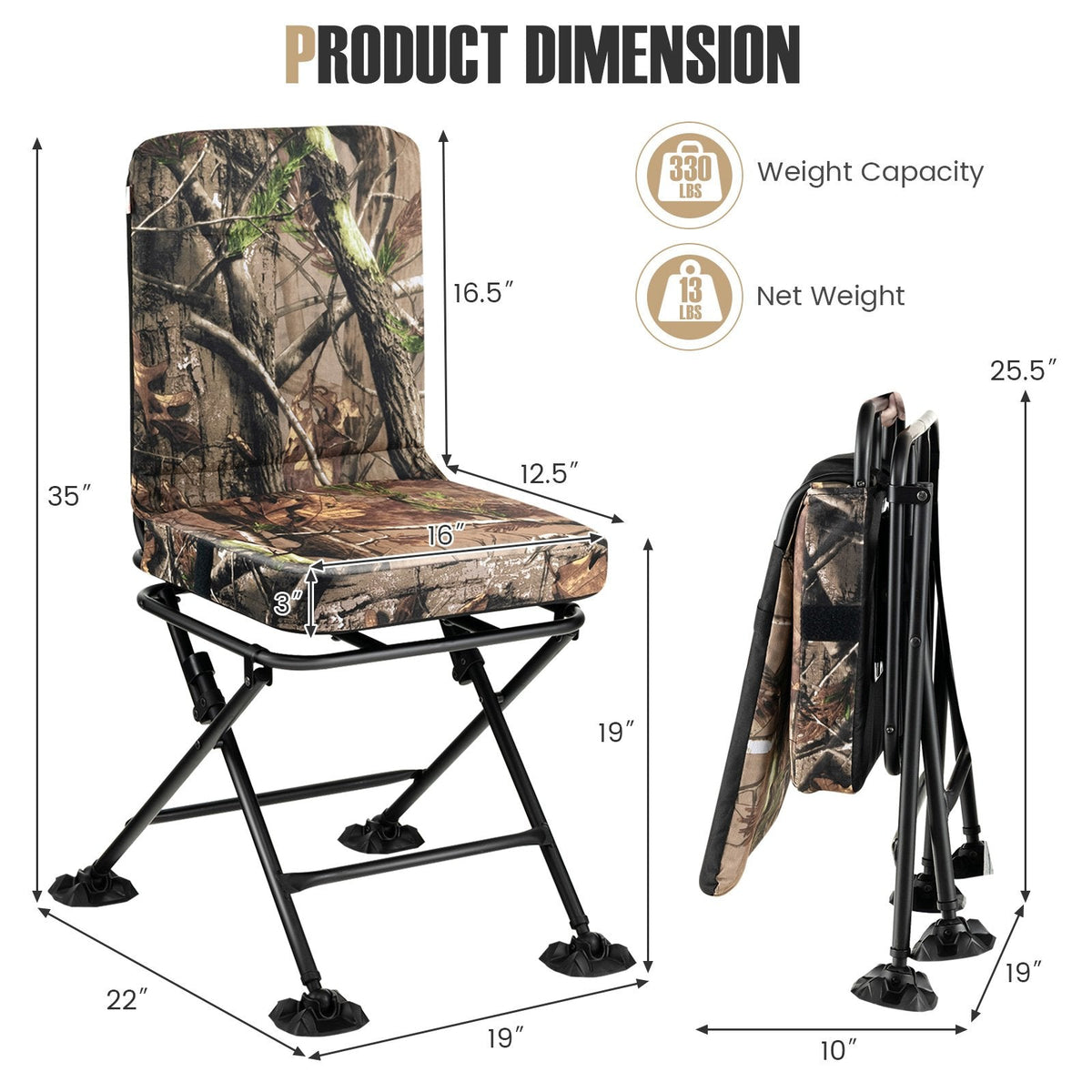 Silla plegable giratoria con respaldo y cojín acolchado - Camuflaje