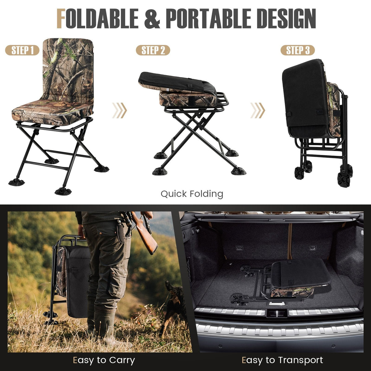 Silla plegable giratoria con respaldo y cojín acolchado - Camuflaje