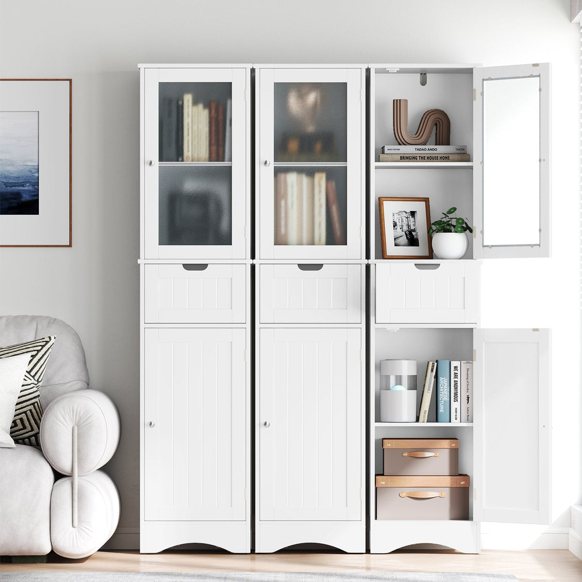 Armario alto de almacenamiento con 2 puertas y 1 cajón para baño - Blanco