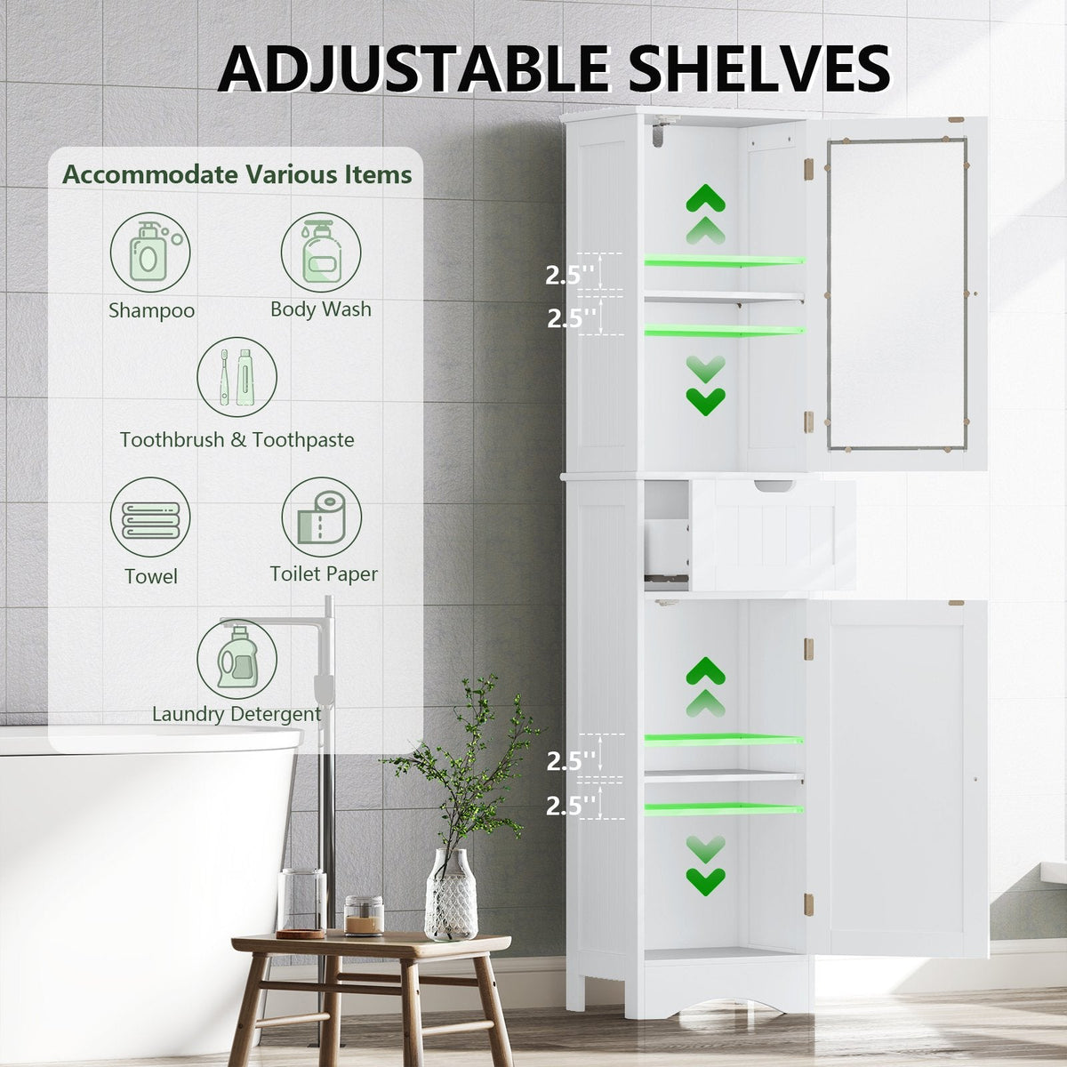 Armario alto de almacenamiento con 2 puertas y 1 cajón para baño - Blanco