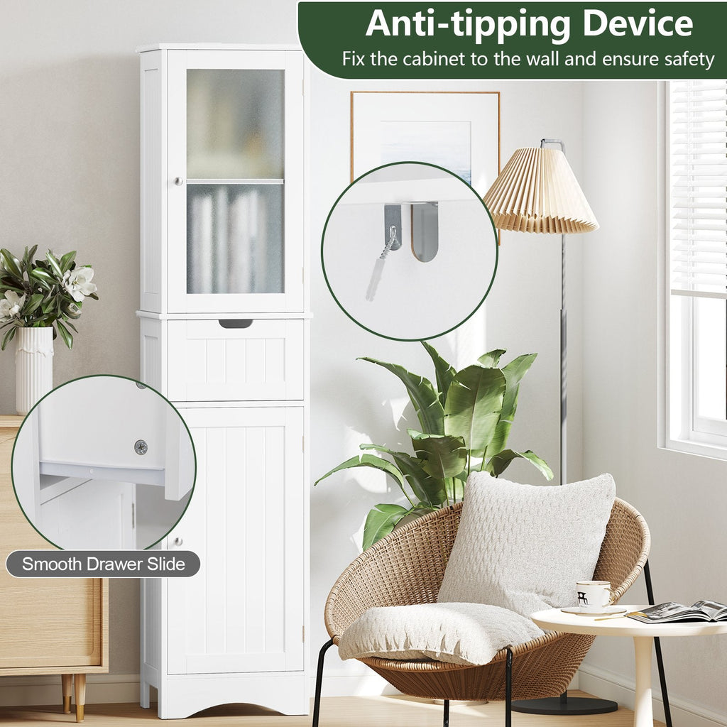 Armario alto de almacenamiento con 2 puertas y 1 cajón para baño - Blanco