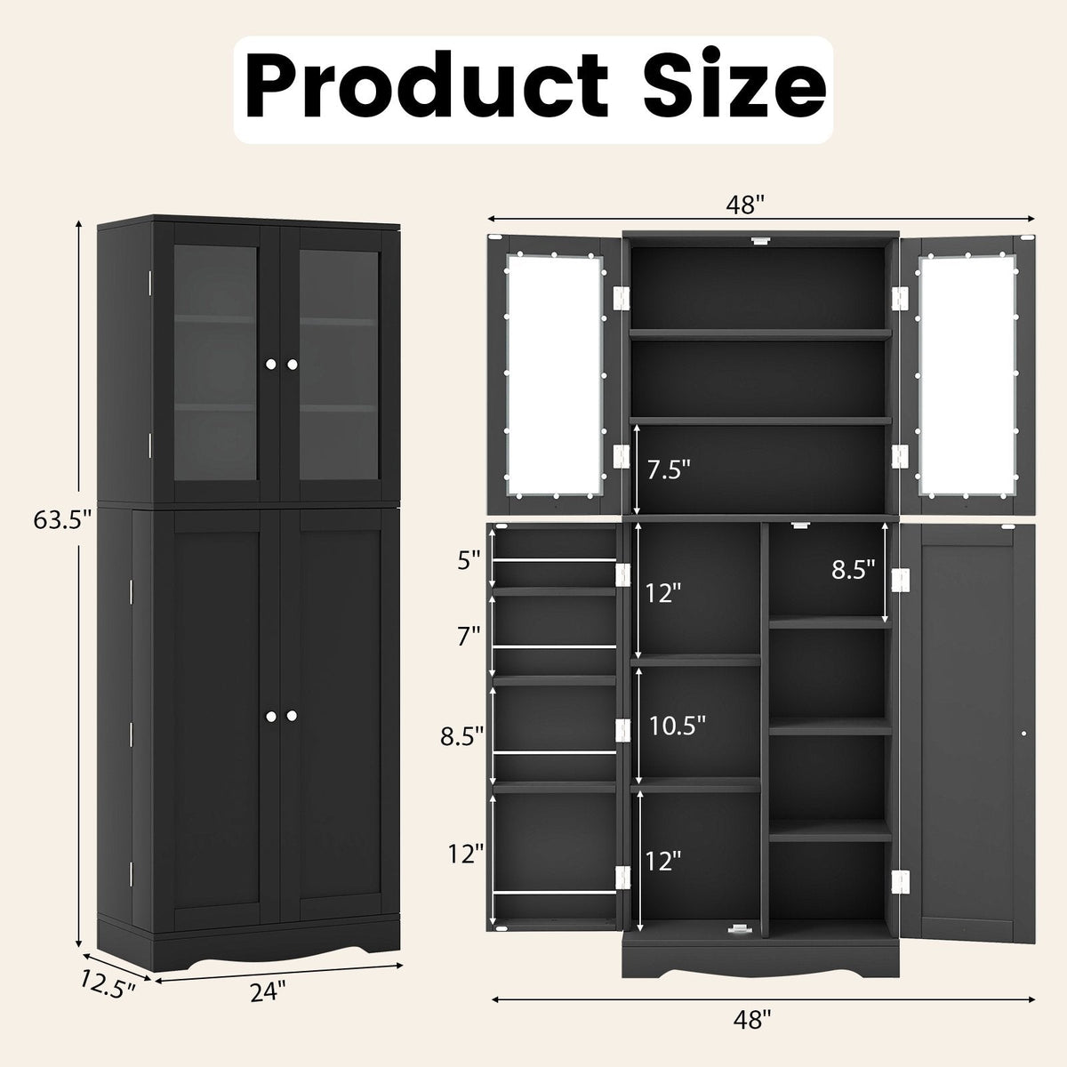 Tall Kitchen Pantry Cabinet with Dual Tempered Glass Doors and Shelves-Black