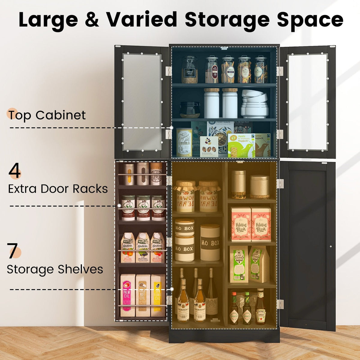 Tall Kitchen Pantry Cabinet with Dual Tempered Glass Doors and Shelves-Black