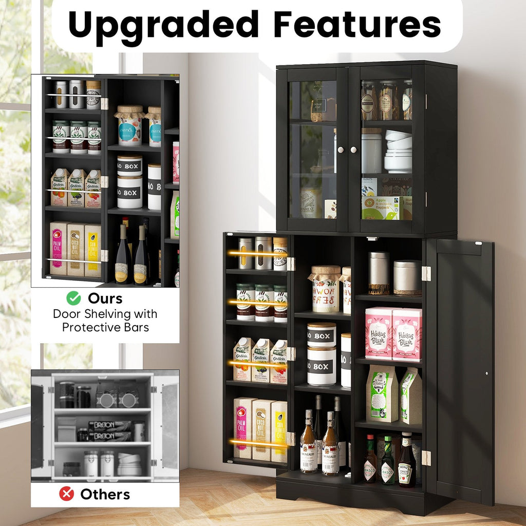 Tall Kitchen Pantry Cabinet with Dual Tempered Glass Doors and Shelves-Black